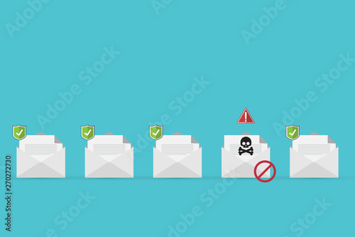 Email / envelope with black document and skull icon. Virus, malware, email fraud, e-mail spam, phishing scam, hacker attack concept. Vector illustration