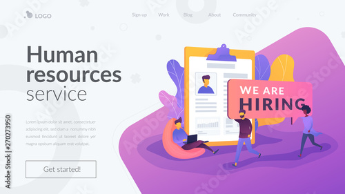 Recruitment agency, human resources service, recruitment network concept. Website interface UI template. Landing web page with infographic concept creative hero header image.