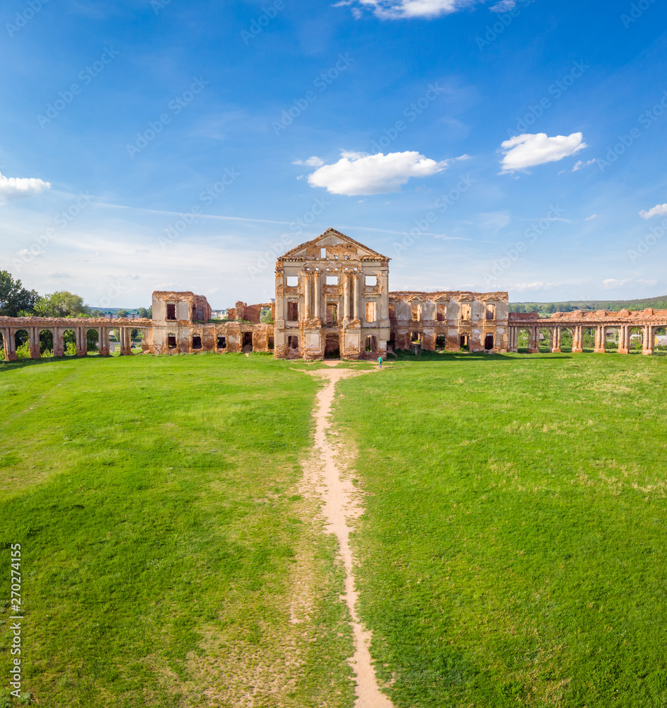 Old destructed palace in Ruzhany, Belarus. Brest region. Drone aerial photo