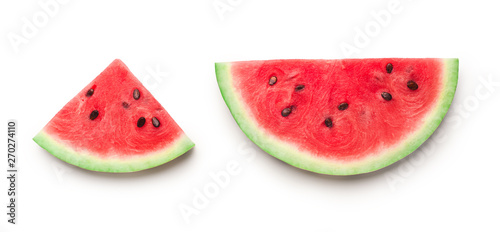 Semicircle and triangle shaped ripe watermelon slices isolated
