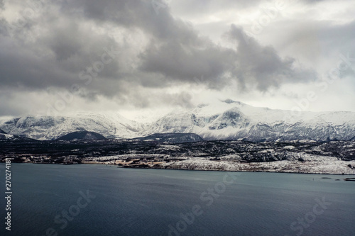Aerial view of Bodo, Norway in the cloudy morning. View of the famous northern fjord