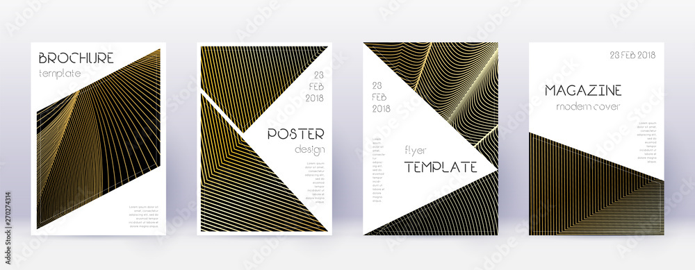 Triangle brochure design template set. Gold abstra
