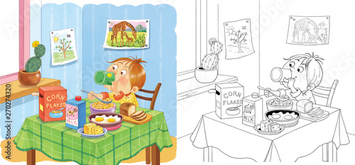 Cute little boy's day. Schedule. Coloring book. Coloring page. Cute and funny cartoon characters. Illustration for children