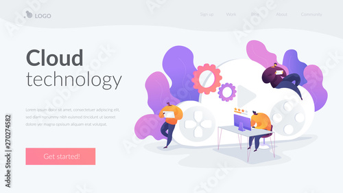 Cloud gaming and gaming on demand, video and file streaming, various devices gaming concept. Website homepage header landing web page template.