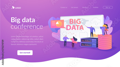 Big data conference, innovative idea presentation, data science meeting concept. Website homepage header landing web page template.