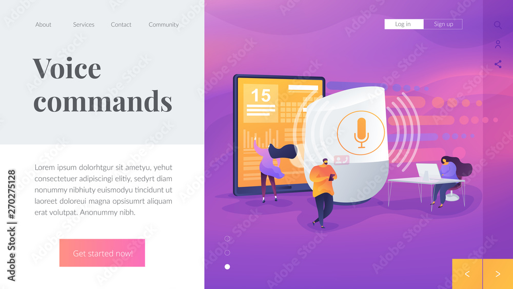 Smart office controller and voice commands, voice controlled office digital devices and Iot concept. Website homepage header landing web page template.