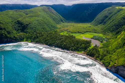 USA, Hawaii, Big Island, Pacific Ocean, Pololu Valley Lookout, Pololu Valley and Black Beach, Aerial View photo