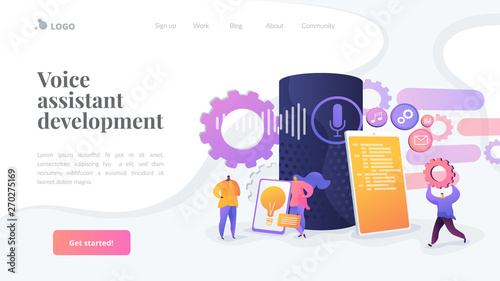 Smart assistant applications, voice application platform, voice assistant development concept. Website homepage header landing web page template.