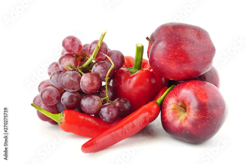 Healthy Food set red fruits and vegetables apple, pepper, grape,sweet pepper Benefits of antioxidants isolated on white background