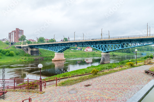 View of the Old Bridge over the Neman River in Grodno  Belarus at cloudy day.