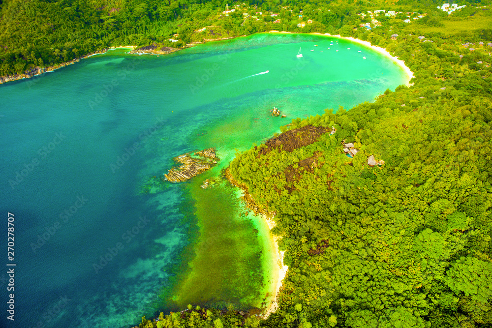 Fototapeta premium Aerial view of the tropical Mahe Island and beautiful lagoons