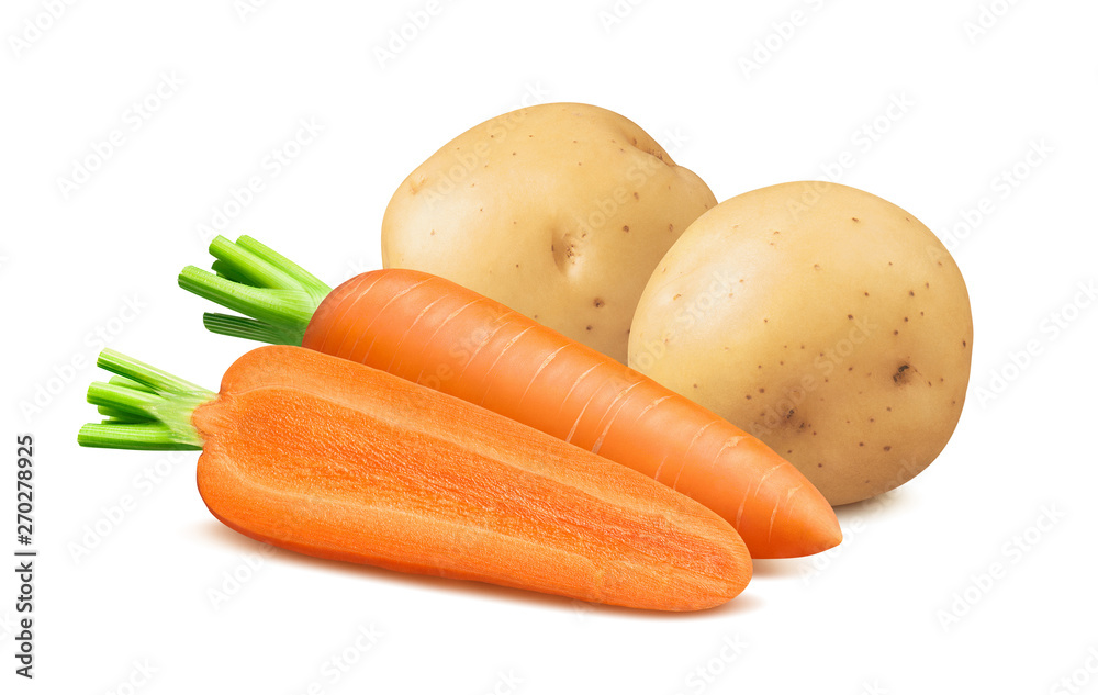 Fresh carrots and potatoes isolated on white background Fresh carrots and potatoes isolated on white background