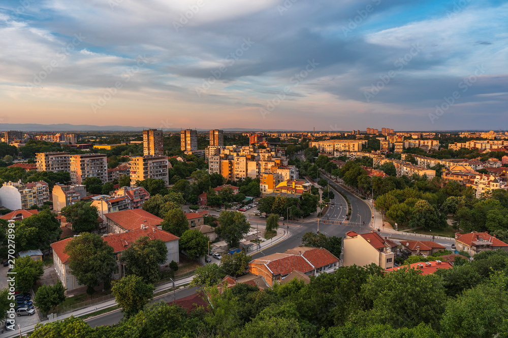 Aerial photo of Plovdiv city, Bulgaria during sunset