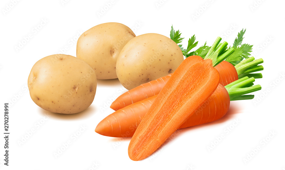 Potatoes and carrots isolated on white background. Package design element with clipping path Potatoes and carrots isolated on white background. Package design element with clipping path