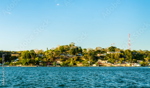 View of San Miguel Village across Lake Peten Itza, Guatemala