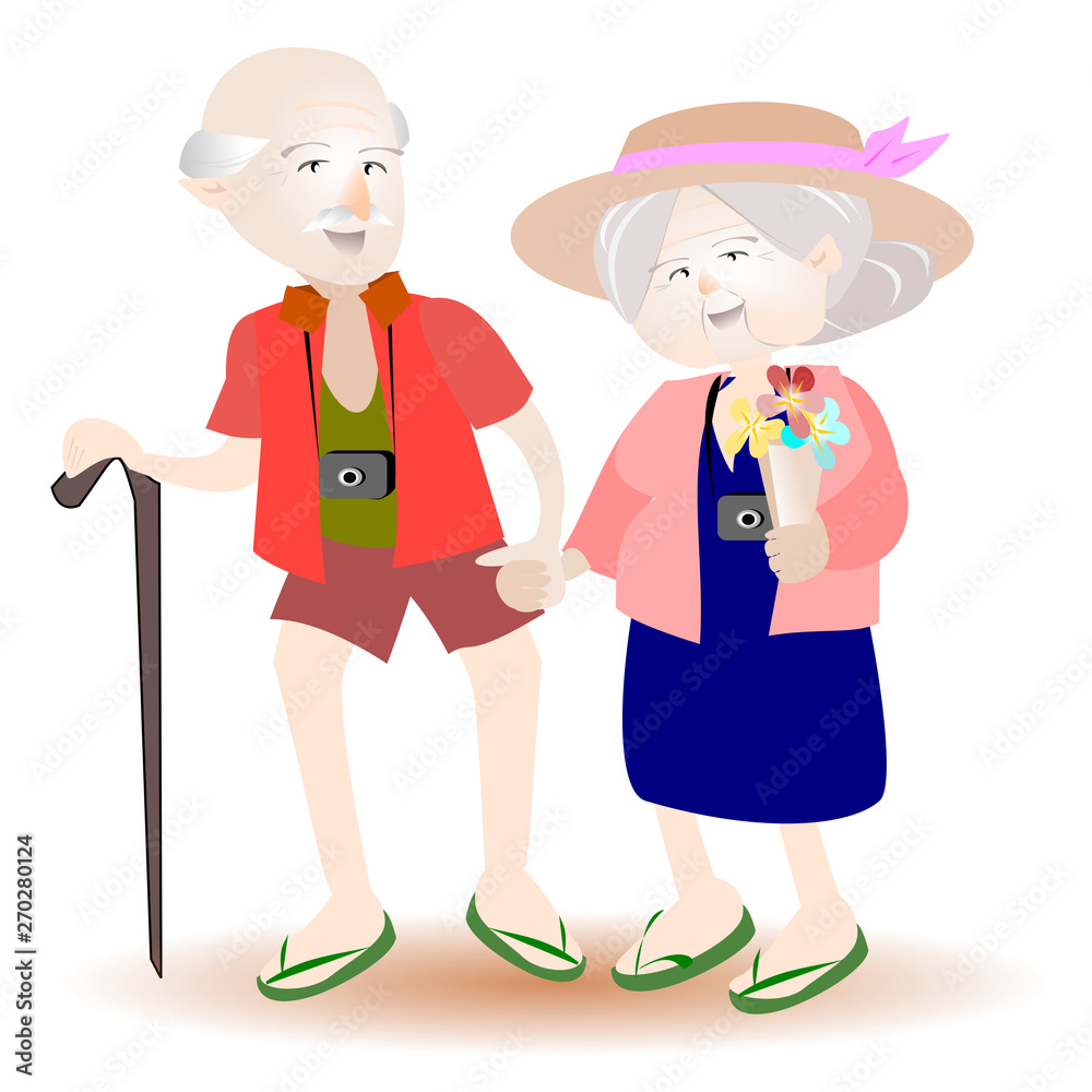 Elderly couples traveling.Flat cute cartoon character on white isolated background. Illustration of people face smiling and laughing.Activities for seniors.Life to be happy.