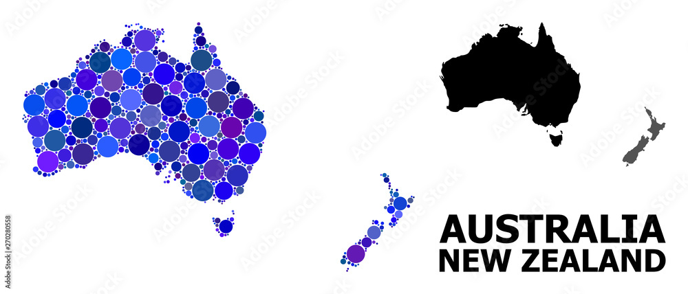 Blue Round Dot Mosaic Map of Australia and New Zealand