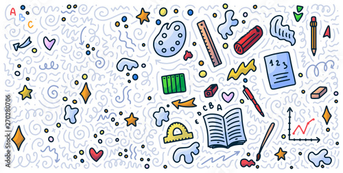 Welcome back to school doodle background. Template for sale banner. Hand drawn elements. Education concept. Typography emblem. Vector
