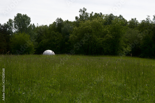 White dome building on a meadow by a forest