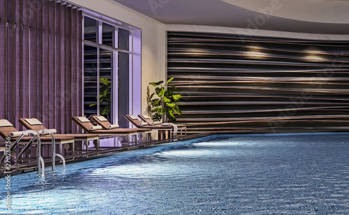 Modern interior design of indoor swimming pool with pool beds, night scene, hotel resort, spa, high contrast, dark, 3d illustration, 3d rendering © snorkulencija
