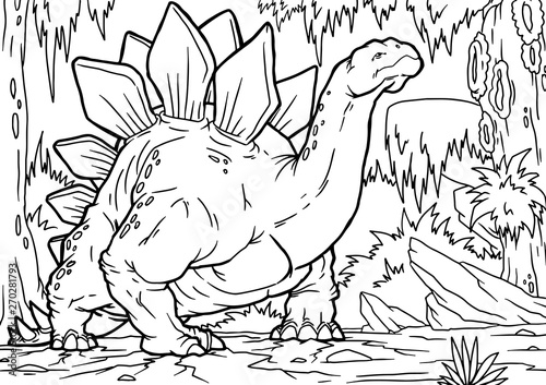 Coloring book for children with a dinosaur hand-painted in cartoon style