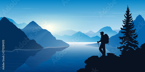 A man  looks at the mountains. Mountain river. Landscape. Morning in the mountains. Tourism, sport and travelling. Vector  design