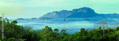 Fototapeta Naklejka Na Ścianę i Meble -  Beautiful Landscape of mountain layer in morning sun ray and winter fog at Doi Hua Mae Kham, Mae Salong Nai, Chiangrai, Thailand