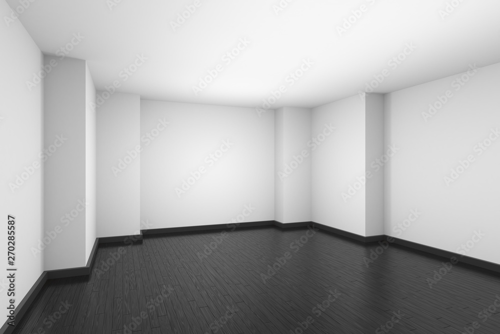 Fototapeta premium Pusty biały pokój z parkietem z czarnego drewna