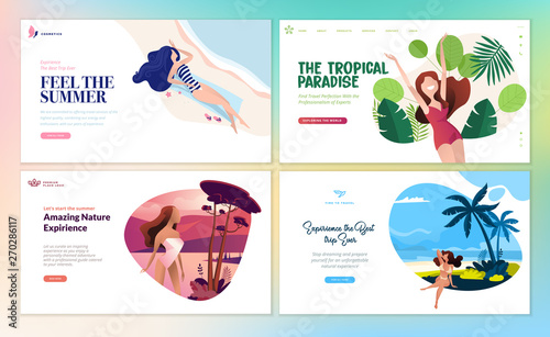 Set of flat design web page templates of summer vacation, travel destination, nature, tourism. Modern vector illustration concepts for website and mobile website development. 