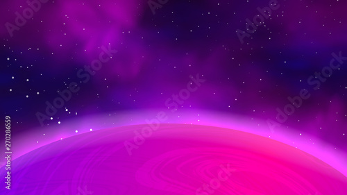 Big pink planet. Starry space vector illustration.