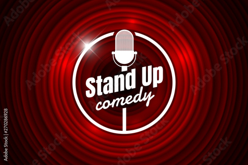 Stand up comedy night live show open mic on empty theatre stage. Vintage microphone against red curtain backdrop. Retro vector art image illustration