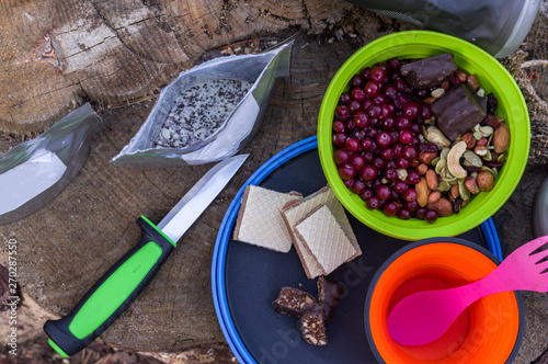 Snack of berries and seeds. Chia pudding and dried fruits. photo