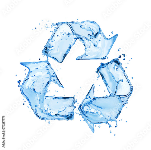 Recycling sign made of water splashes on white background