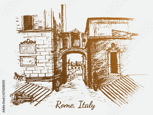 Drawing vintage postcard with italian ancient architecture. Rome city travel place. Vintage hand drawn sketch of Capitolium.