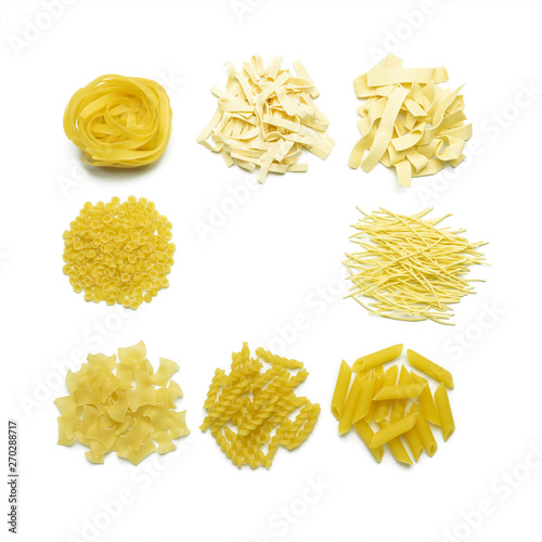 Collection of italian pasta isolated top view on white background.