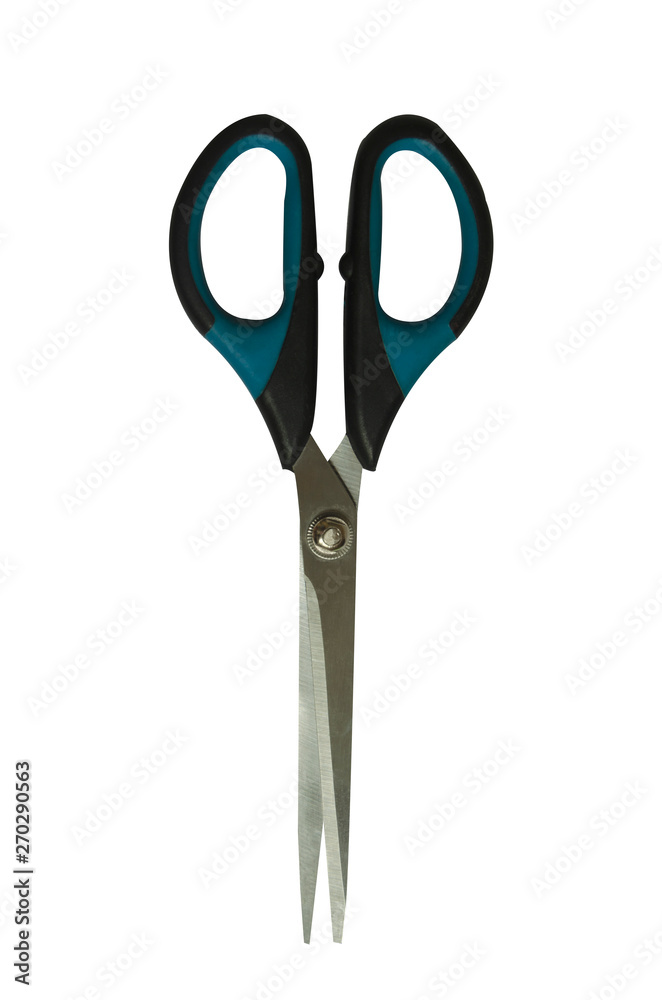Blue-black office scissors isolated on white background. Blue-black office scissors isolated on white background.