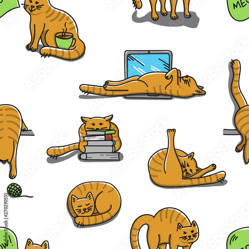 Seamless background with drawing red cat in different situations. Cartoon vector pattern with pet in different poses.
