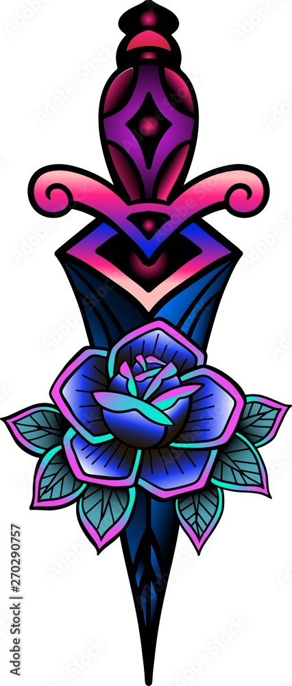 Traditional Tattoo With Rose Flowers And Dagger Colorful Illustration Old  School Tattoo Line Suitable For Printing Transfer Tattoos And Stickers Back  To School Royalty Free SVG, Cliparts, Vectors, And