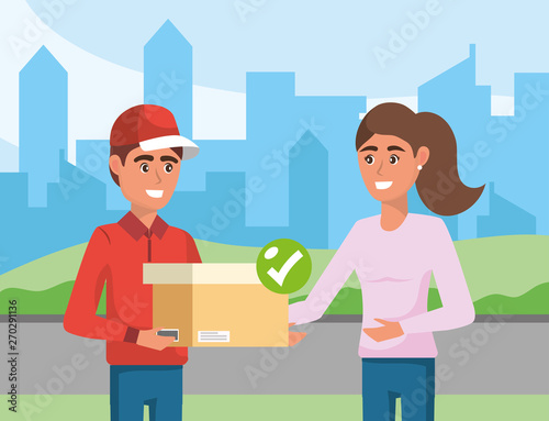 delivery man with box distribution service to a woman