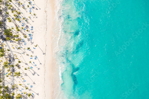 Leinwand Poster Aerial view from drone on caribbean seashore with coconut palm trees and sunbeds