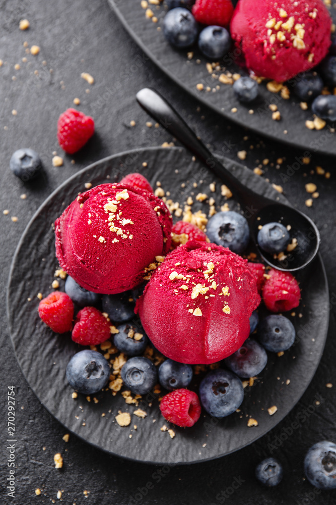 Berry refreshing ice cream scoops on plate