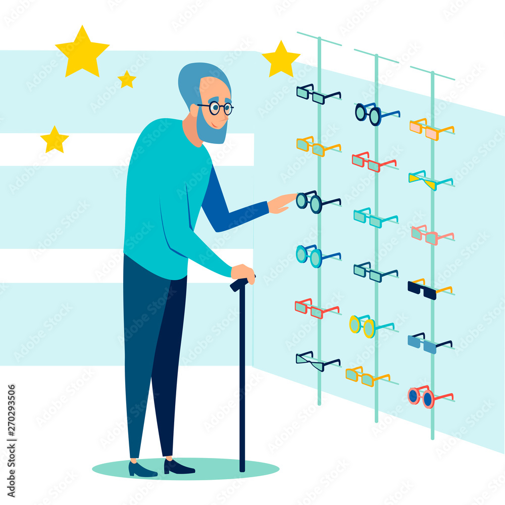 The pensioner chooses, picks up glasses for sight. Ophthalmology store. In minimalist style Cartoon flat Vector