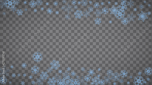 Snowflakes frame on transparent background. Christmas and Happy New Year. Isolated horizontal snowflakes frame for banners, gift cards, party invitation, partner compliment and special business offer