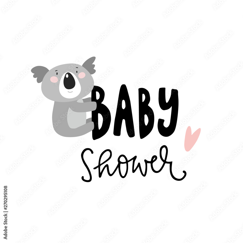 Cute baby boy or girl shower greeting card, invitation with koala bear and hand lettered text. Kid print in Scandinavian style, nursery poster. Vector illustration background, flat design.
