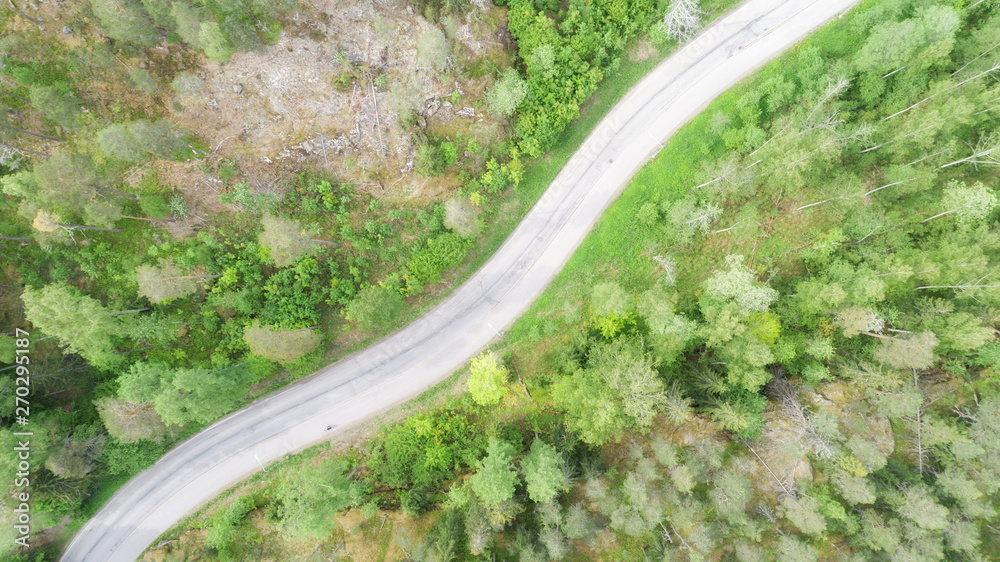 Aerial view of forest road at Scandinavia, Aerial view of a provincial road passing through a forest. 