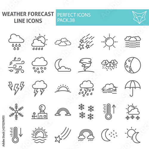Weather forecast line icon set, climate symbols collection, vector sketches, logo illustrations, meteorology signs linear pictograms package isolated on white background.