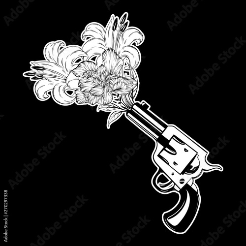 Vector hand drawn illustration of gun with flowers isolated. Surreal tattoo artwork.