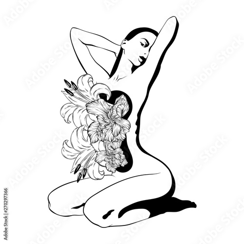 Vector hand drawn illustration of skinny girl with flowers isolated. Creative tattoo artwork.