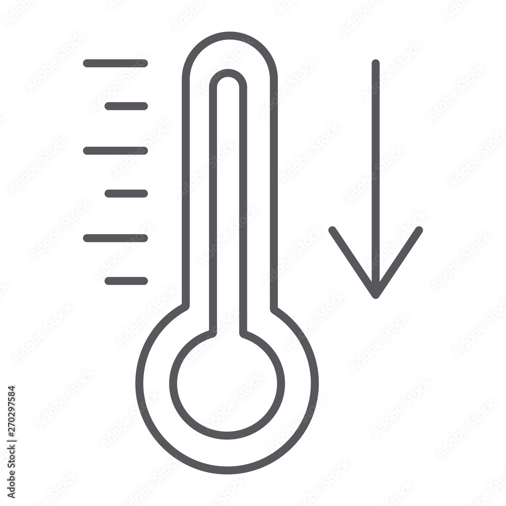 Temperature falling thin line icon, thermometer and forecast, cold temperature sign, vector graphics, a linear pattern on a white background. Temperature falling thin line icon, thermometer and forecast, cold temperature sign, vector graphics, a linear pattern on a white background.