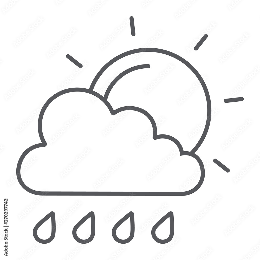 Sun and rain thin line icon, weather and forecast, cloud and sun sign, vector graphics, a linear pattern on a white background. Sun and rain thin line icon, weather and forecast, cloud and sun sign, vector graphics, a linear pattern on a white background.
